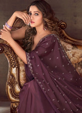 Wine Organza Silk Stone and Embroidered Work Saree
